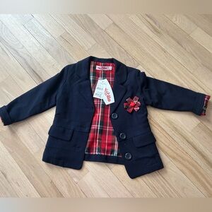 European Stylish navy Blazer with Red Plaid Lining Sz 3T girls